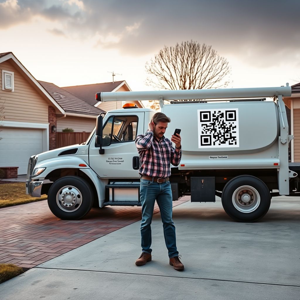A homeowner scanning a QR code sticker on a spray foam contractor's truck in a driveway